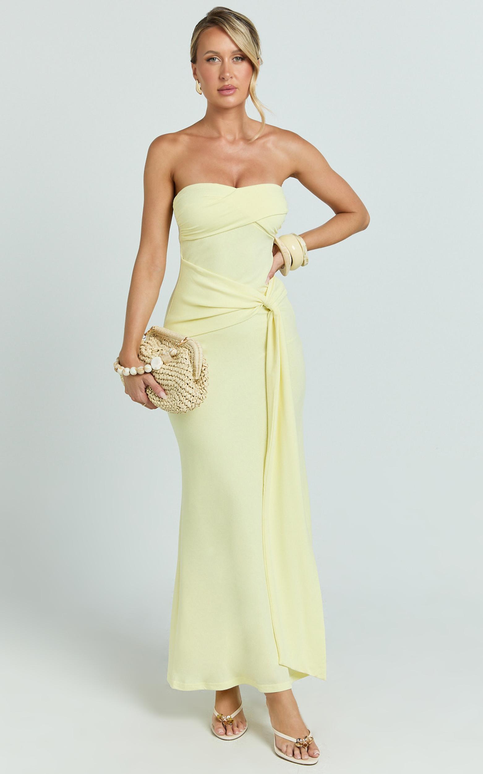 aria maxi dress - strapless tie waist dress in lemon