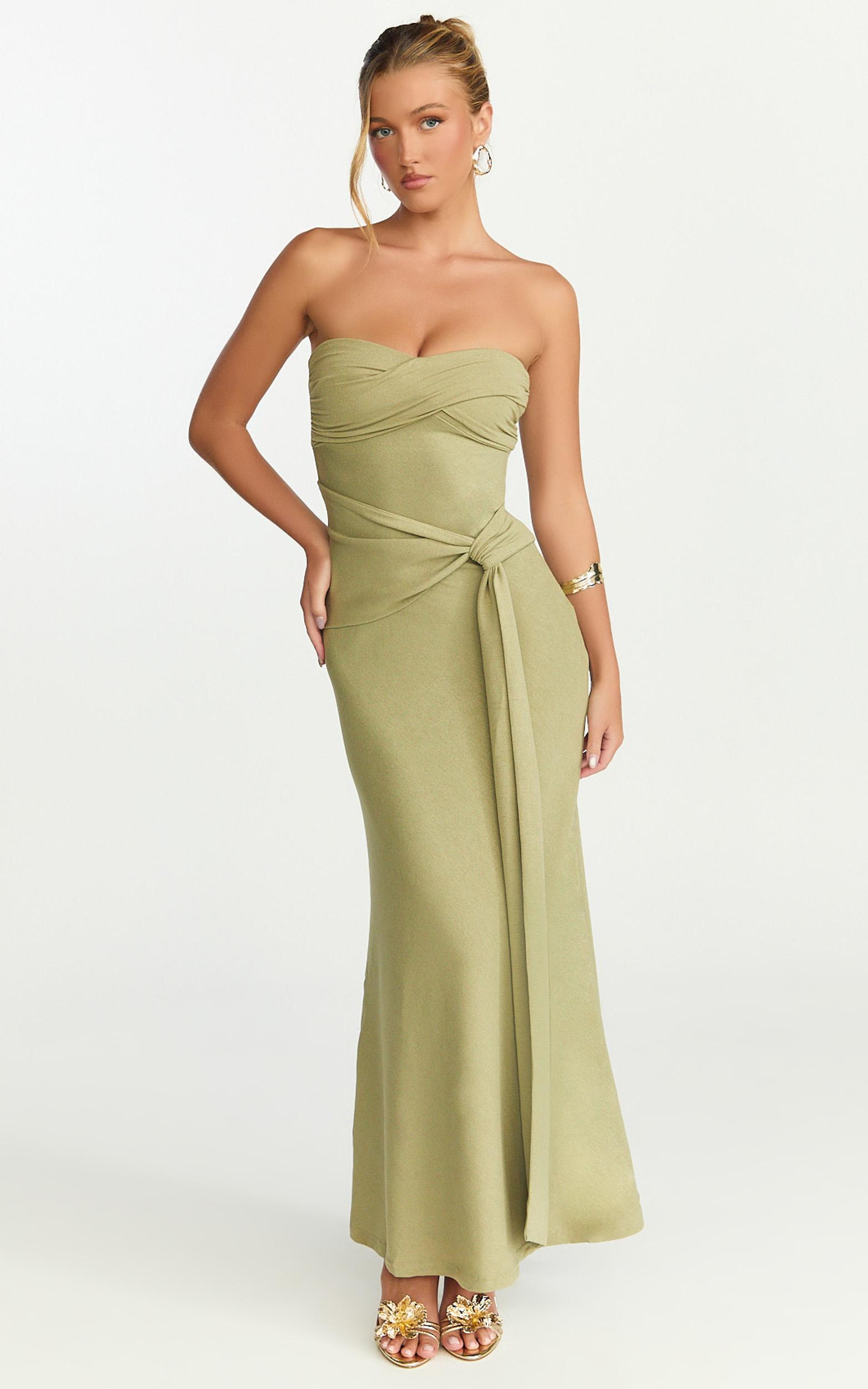 aria maxi dress - strapless tie waist dress in sage