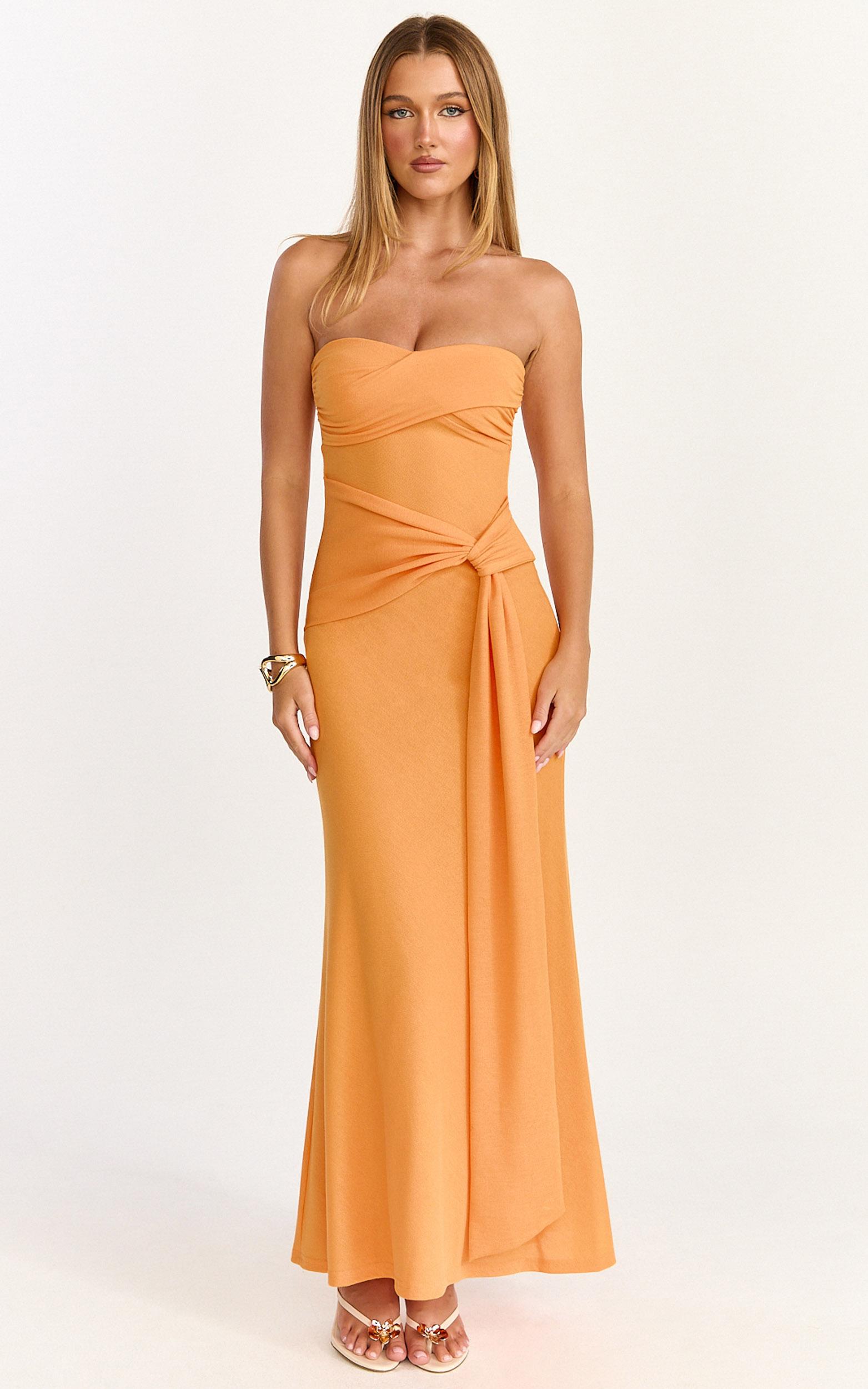 aria midi dress - strapless tie waist dress in orange