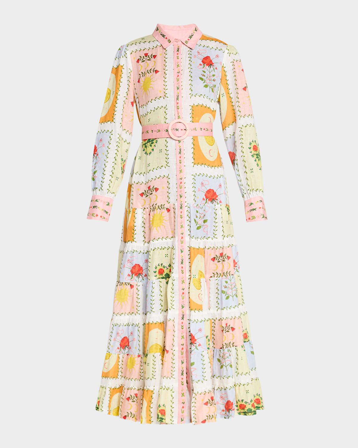 aria tiered tile-print linen maxi shirtdress