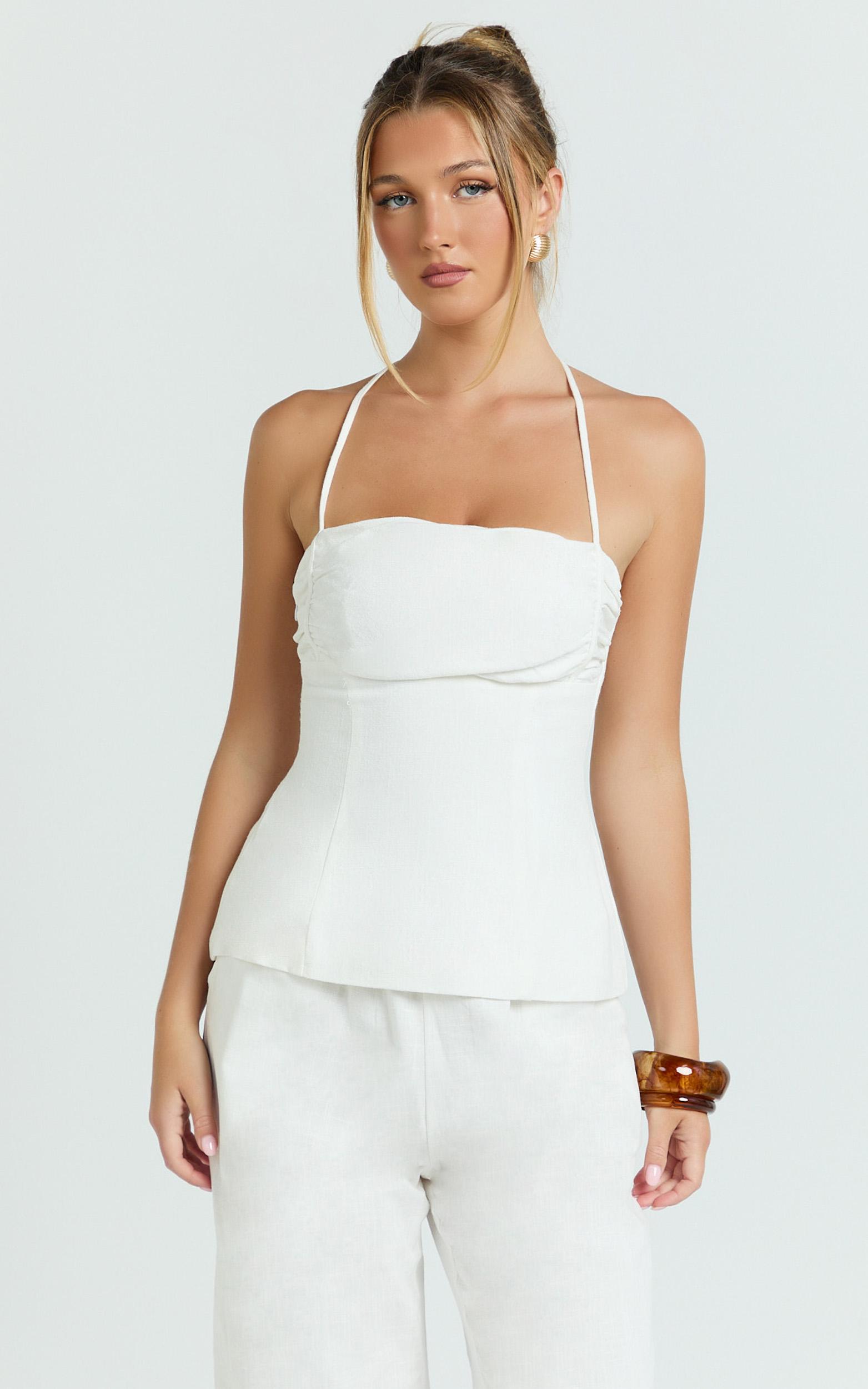 aria top - halter neck smocked back top in white