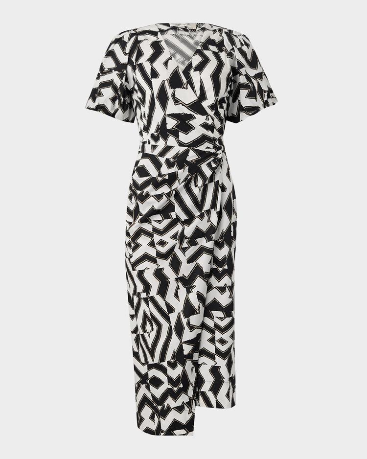 arina geometric-print midi wrap dress
