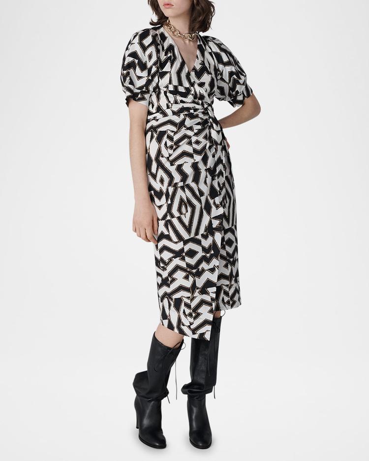 arina geometric-print midi wrap dress