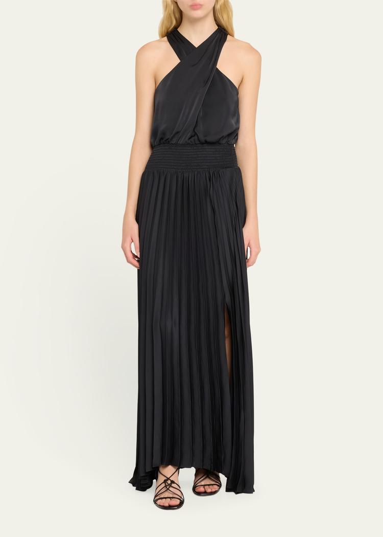 arina pleated halter midi dress