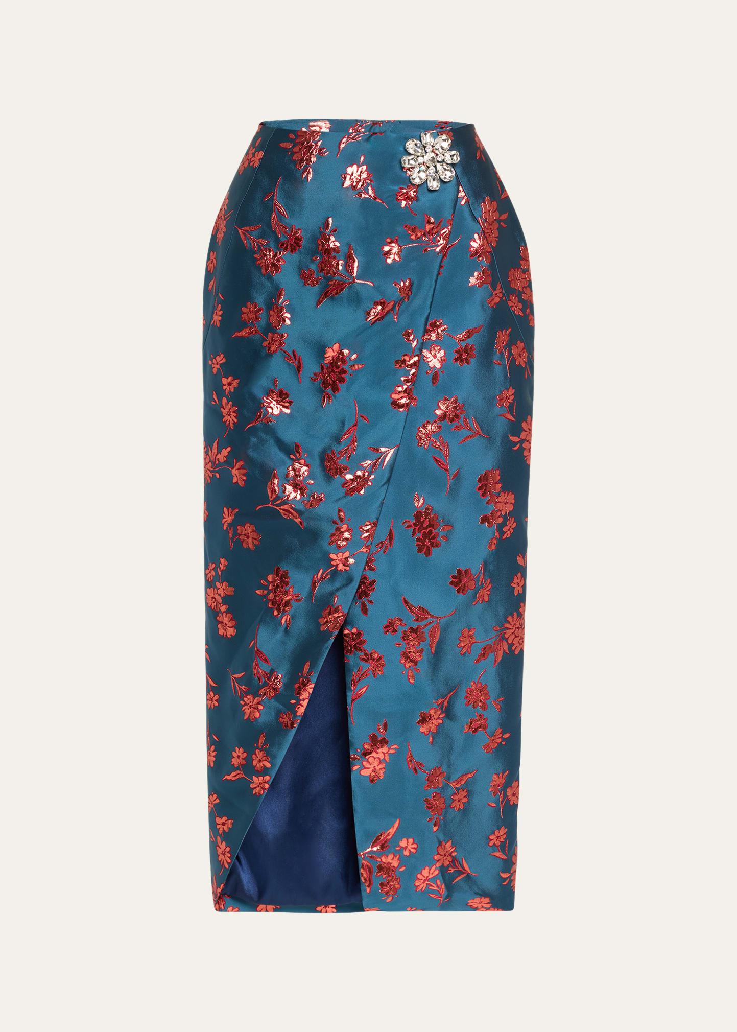 arista wrap-front satin brocade midi skirt