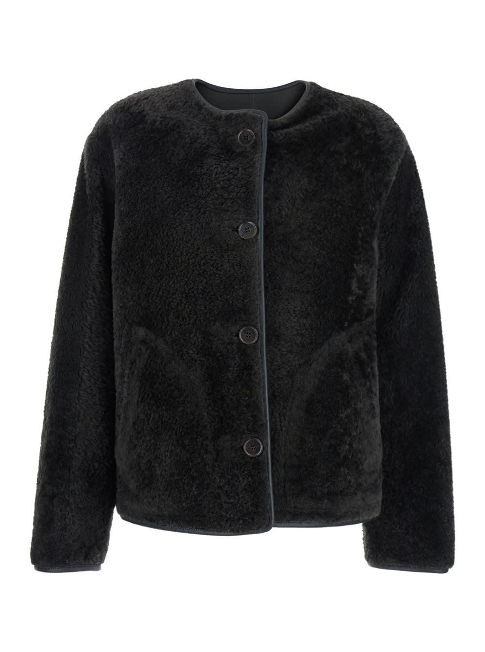 arma lucine green reversible crewneck jacket with two front welt pockets in fur and leather woman