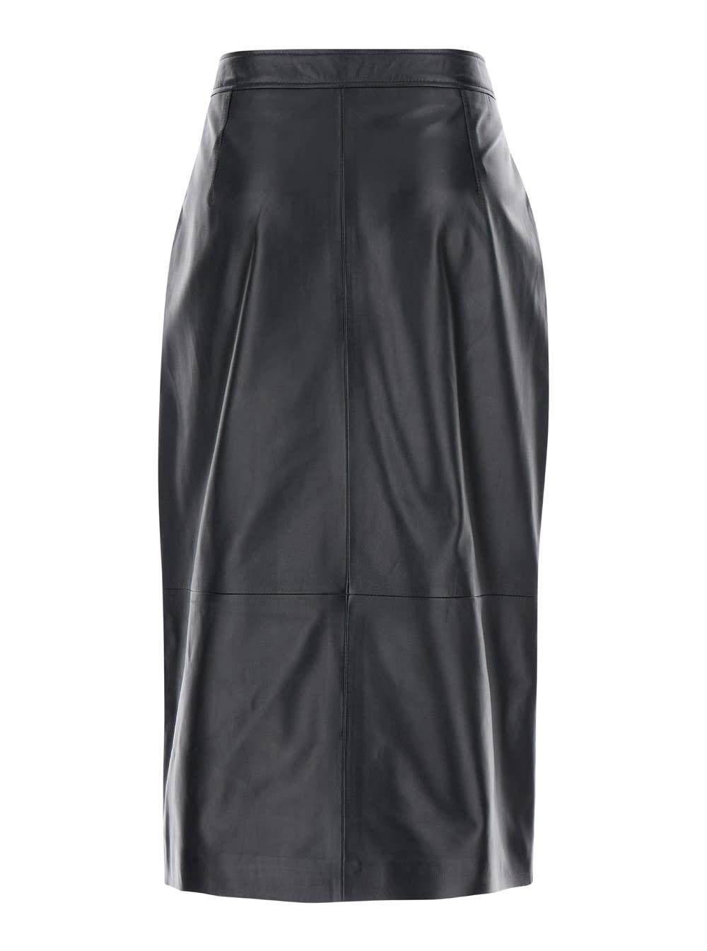 arma midi black skirt with front slit in leather woman