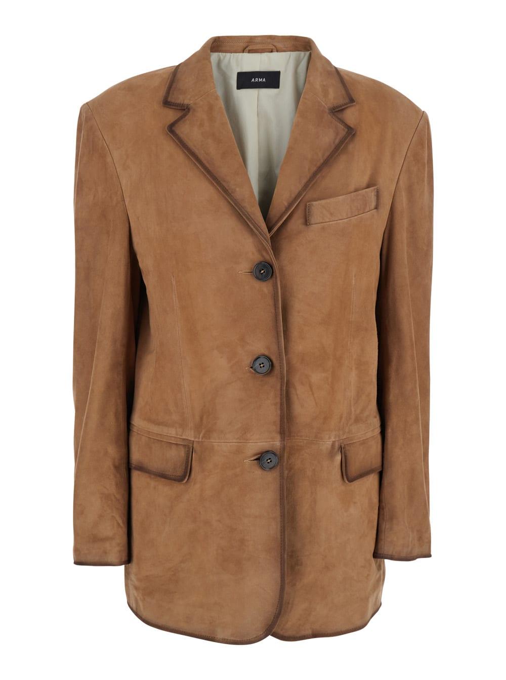 arma modena beige single-breasted jacket with classic lapels in suede woman