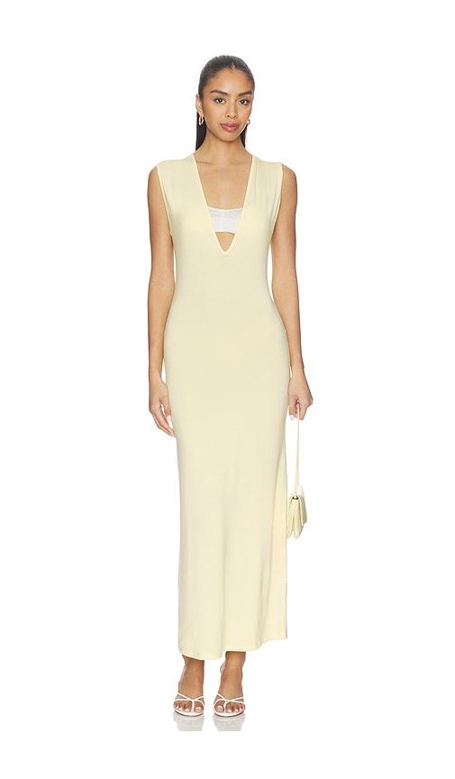 artless tate plunge midi dress in yellow.