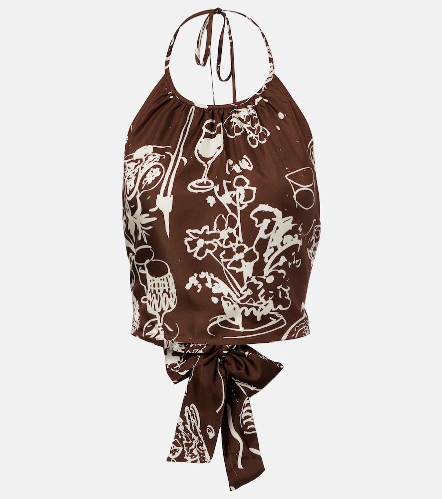 asceno bello printed halterneck silk crop top