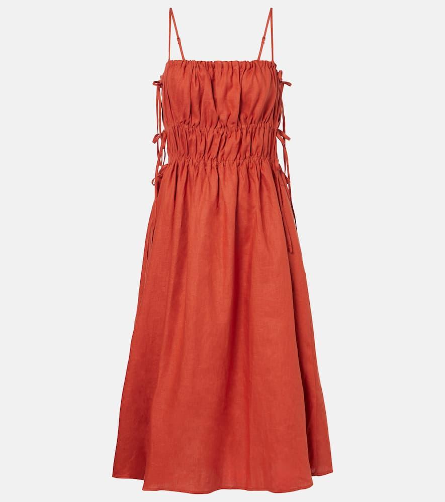 asceno eze ruched linen midi dress