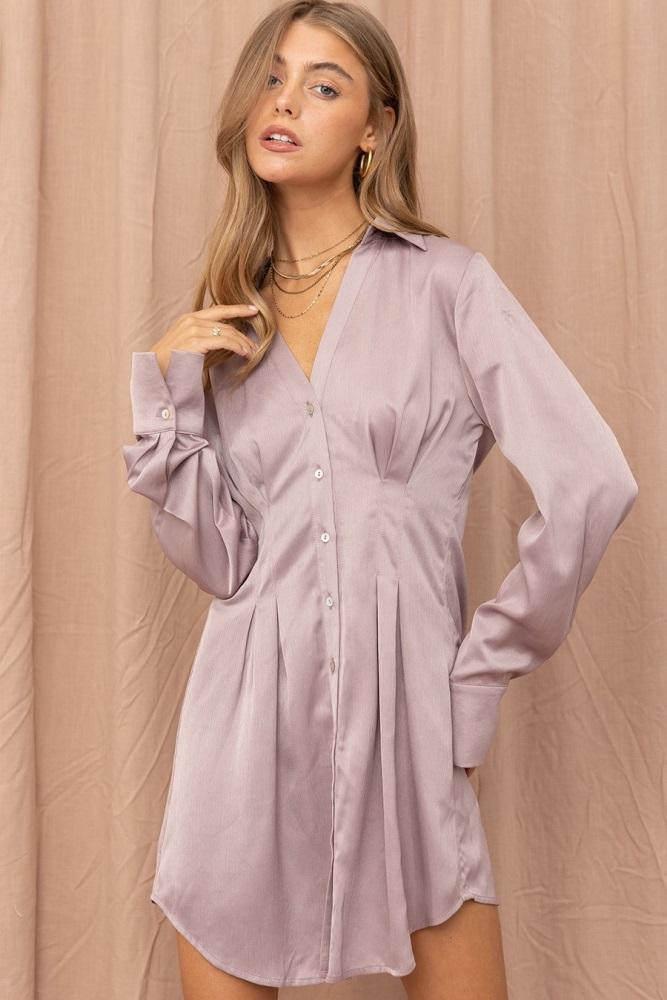 ash lilac satin shirt dress