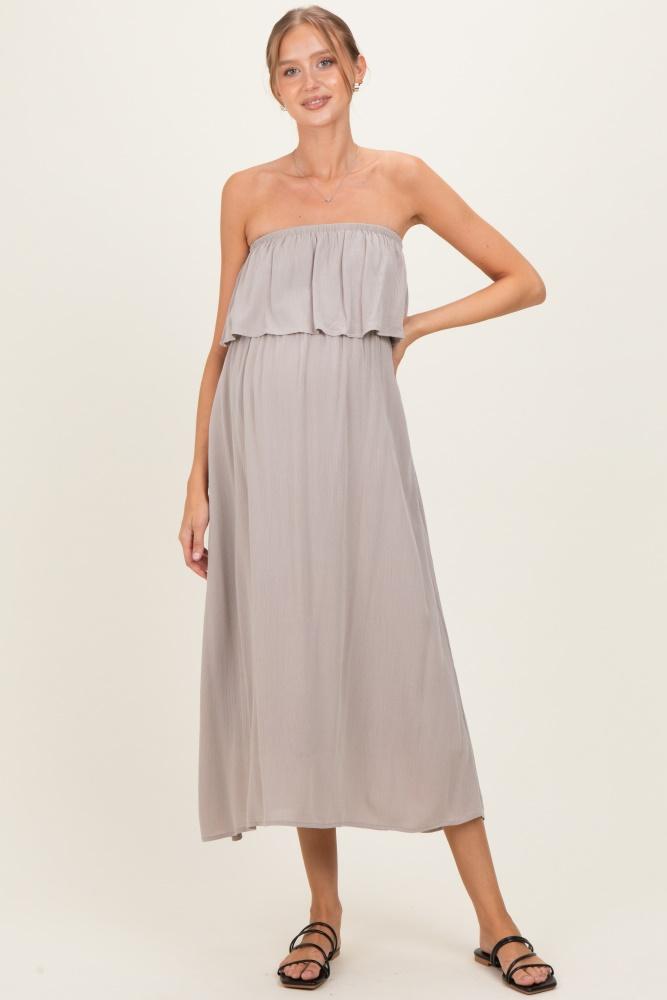 ash mocha woven crinkle flounce strapless maternity maxi dress