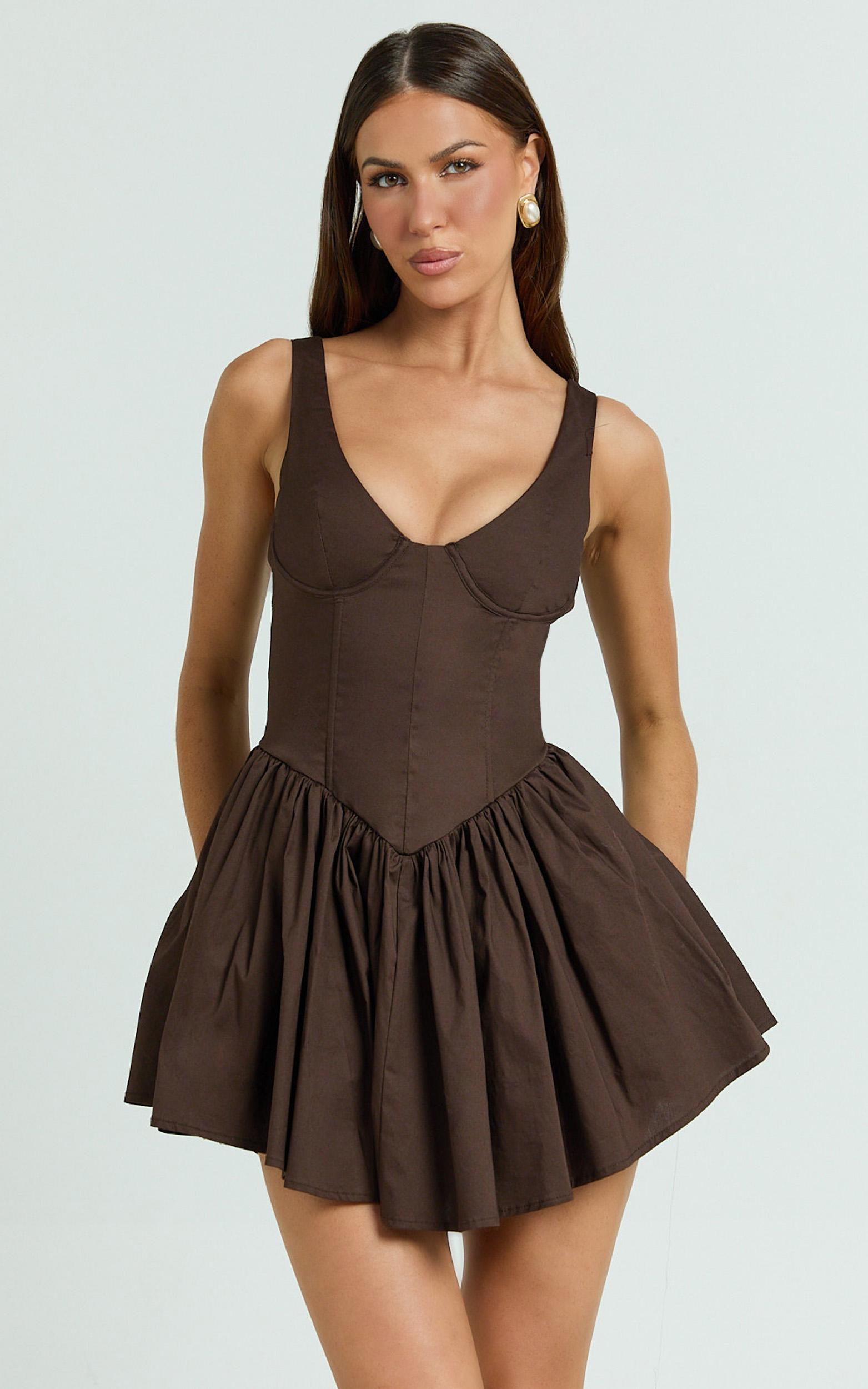 ashlyn mini dress - scoop neck v waist gathered dress in chocolate