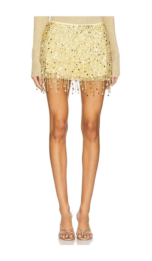 asta resort yasmin hand beaded mini skirt in metallic gold.