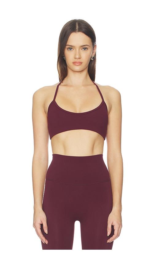 astoria halter sports bra in burgundy.