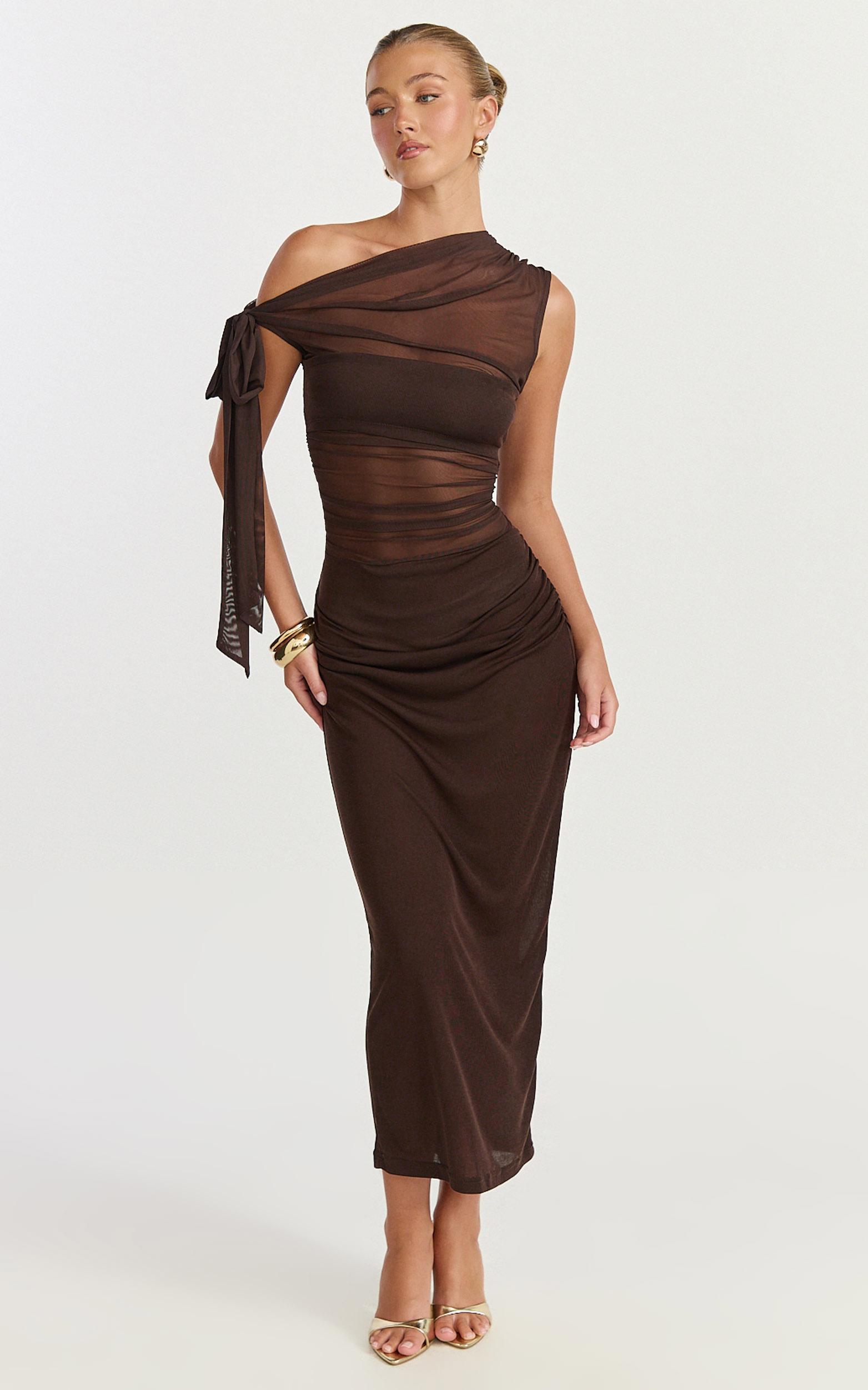 astrid midi dress - asymmetrical off shoulder tie detail dress in chocolate