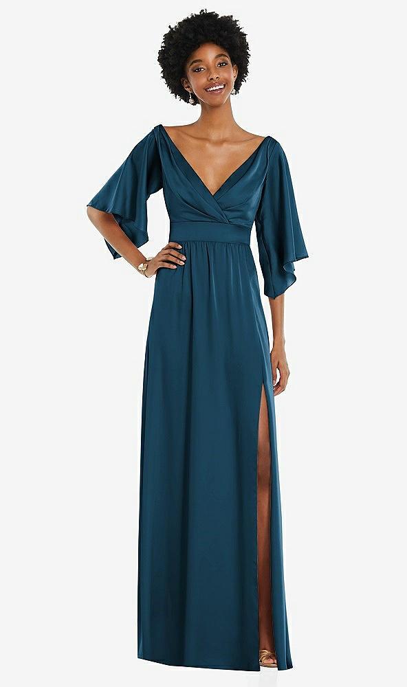 asymmetric bell sleeve wrap maxi dress with front slit