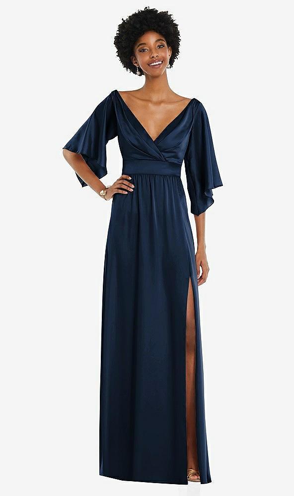 asymmetric bell sleeve wrap maxi dress with front slit
