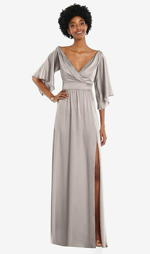 asymmetric bell sleeve wrap maxi dress with front slit