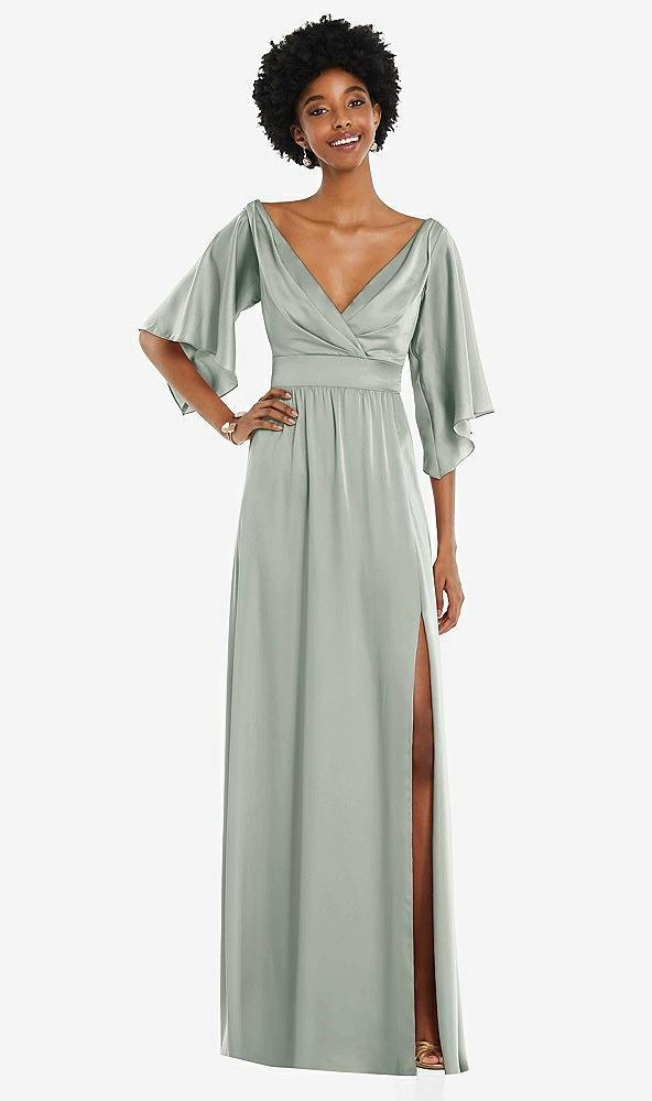 asymmetric bell sleeve wrap maxi dress with front slit
