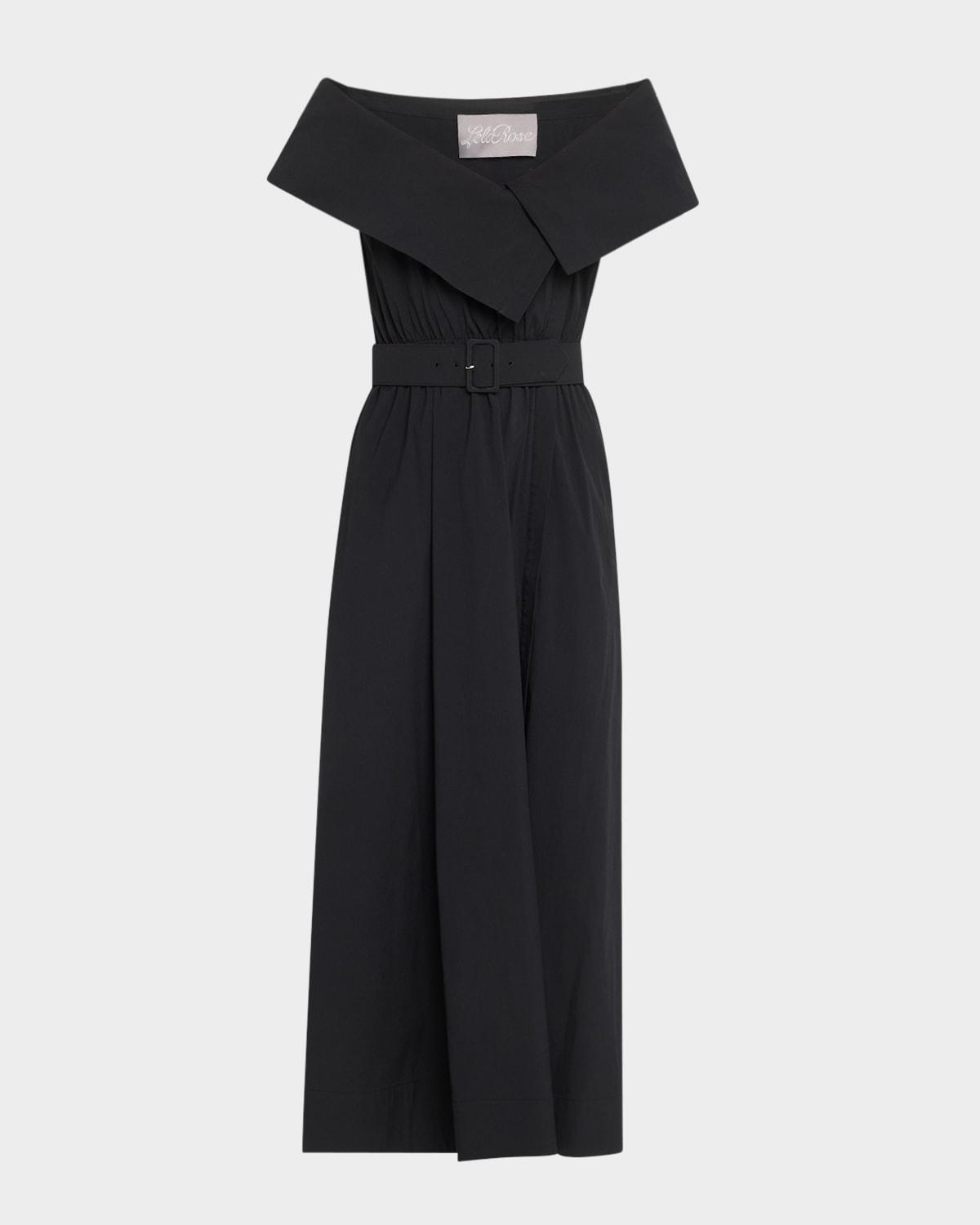 asymmetric cuff belted cotton poplin midi dress