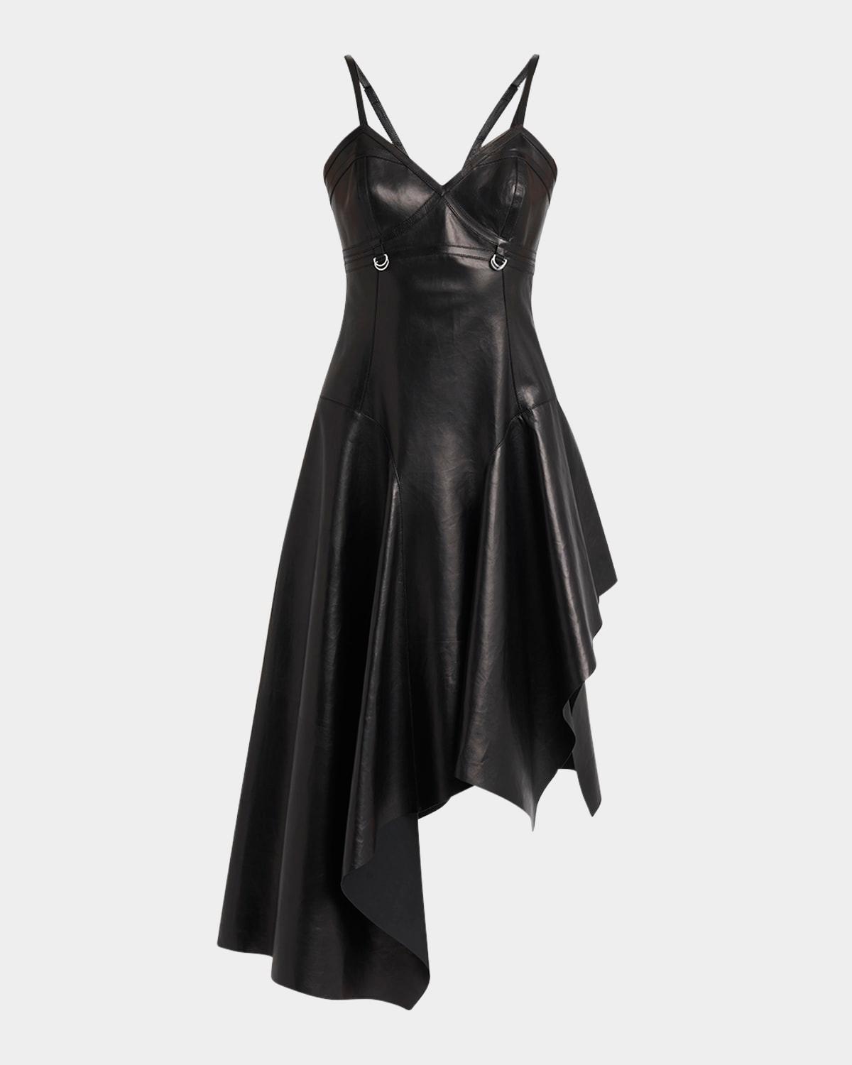 asymmetric draped leather dress
