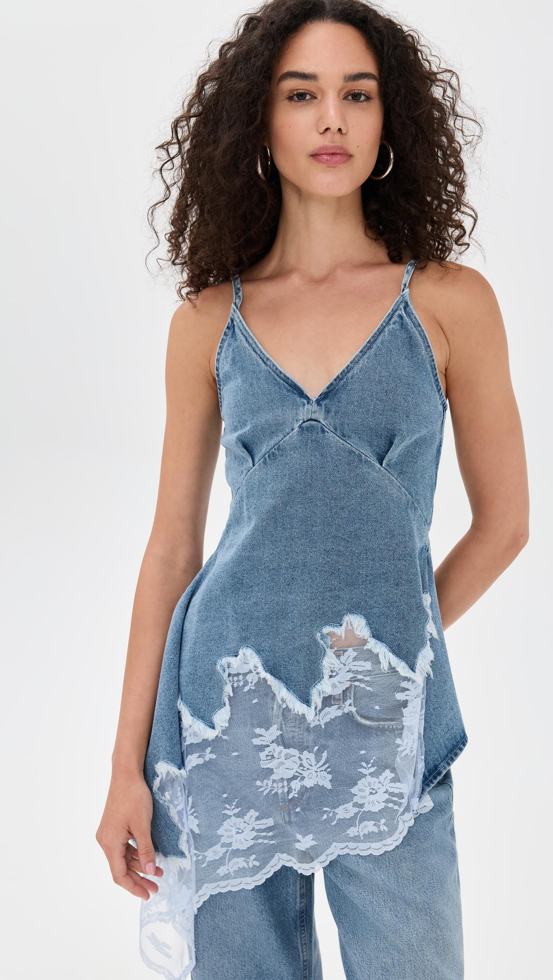 asymmetric lace hem denim top