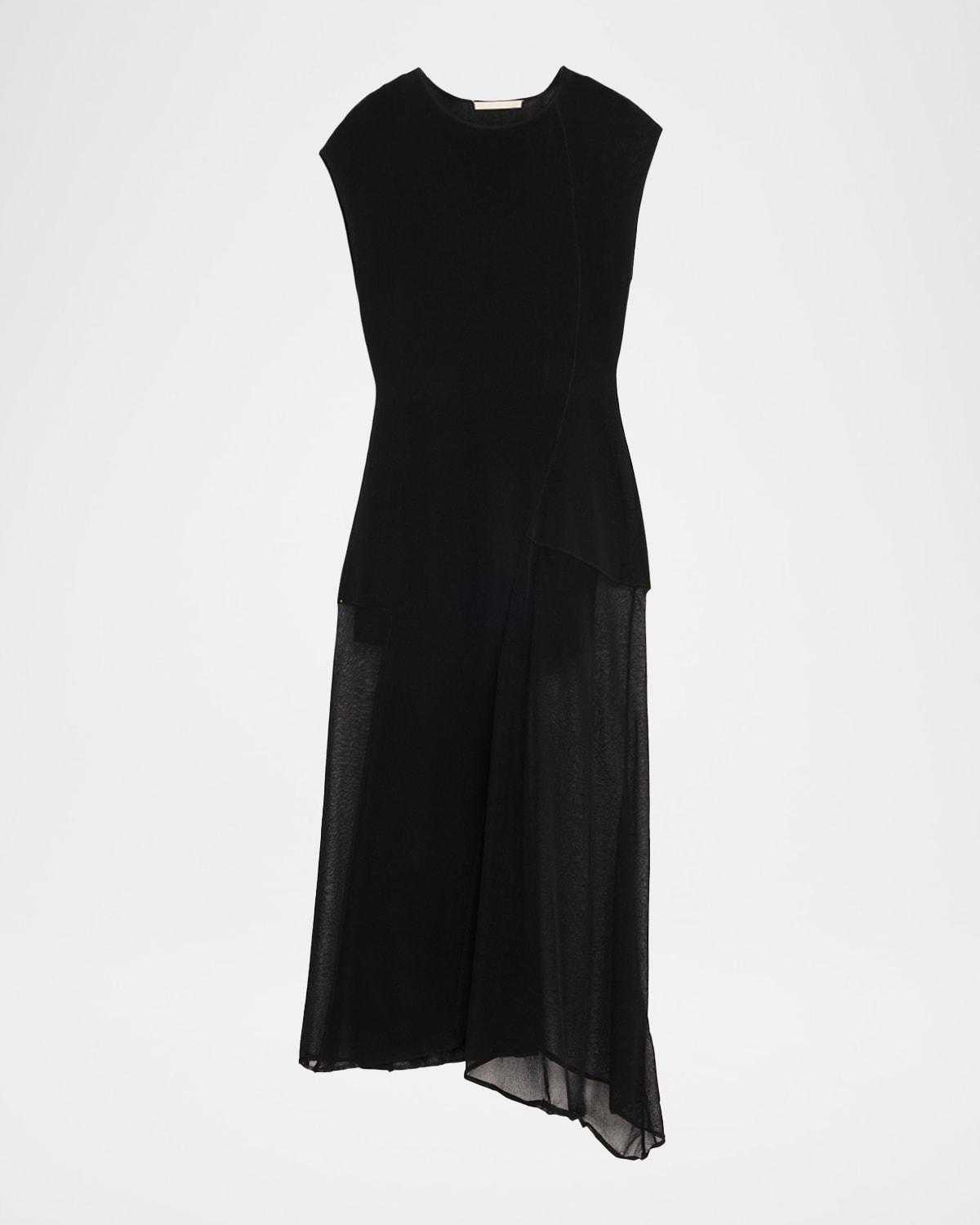 asymmetric mesh knit midi dress