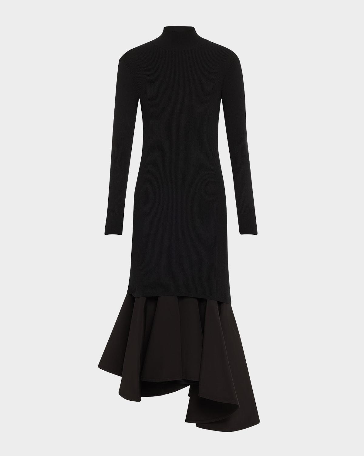 asymmetric mixed-media turtleneck midi dress