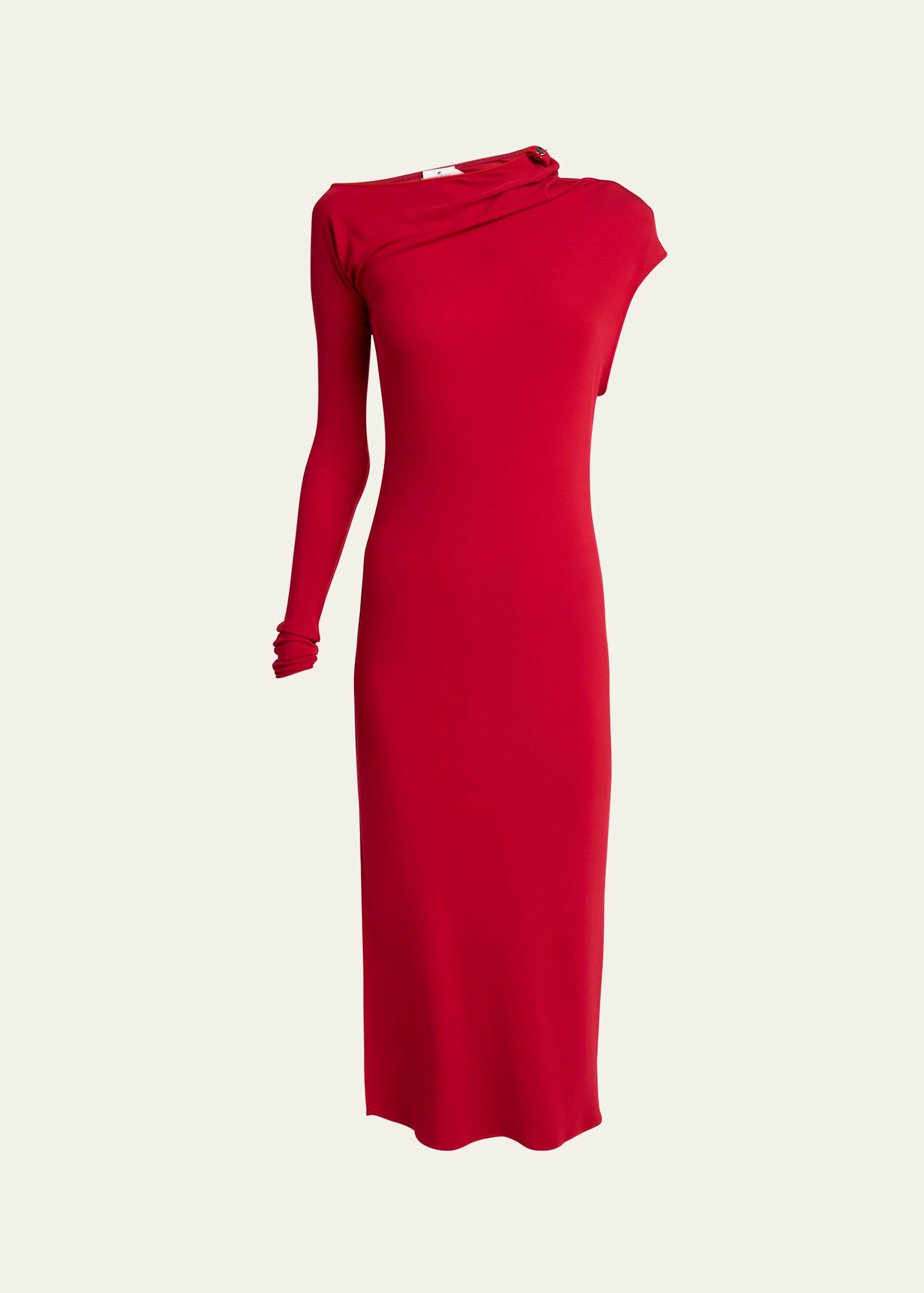 asymmetric-neck long sleeve midi dress