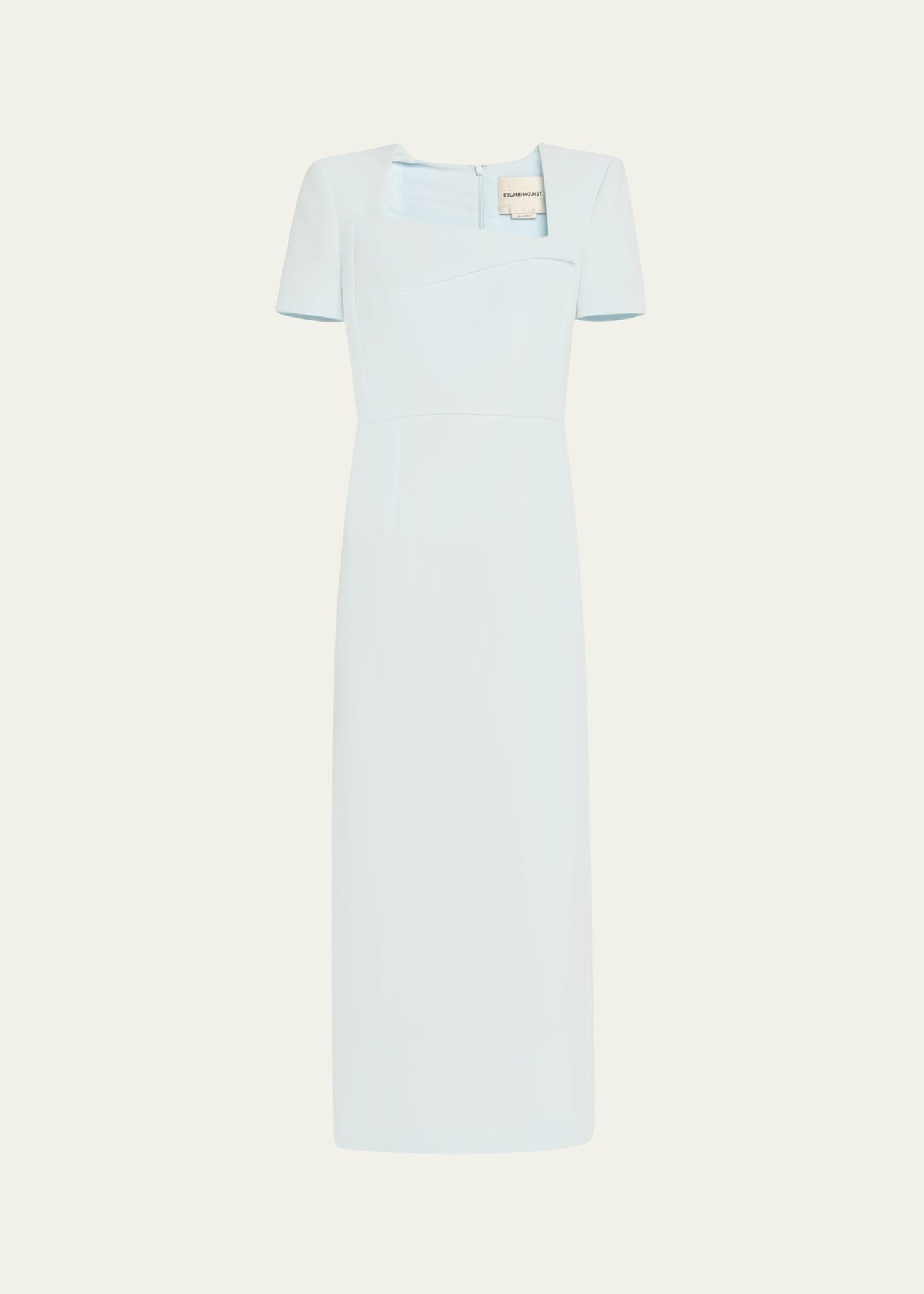 asymmetric neckline belted crepe midi dress