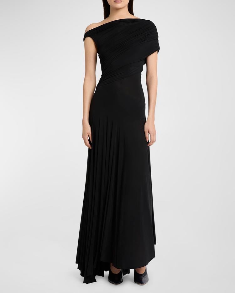 asymmetric off-the-shoulder maxi dress