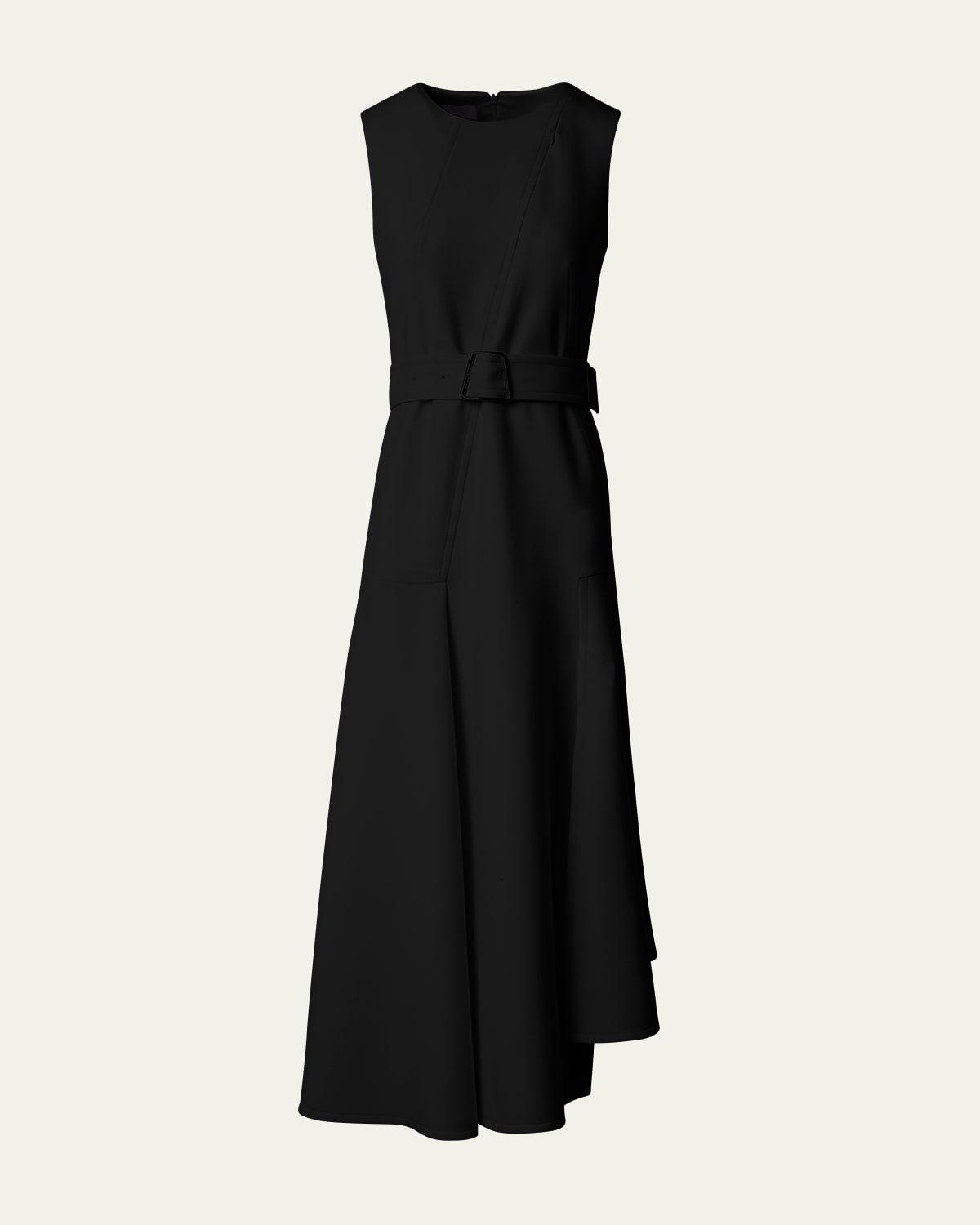 asymmetric pleated wool midi dress with belt