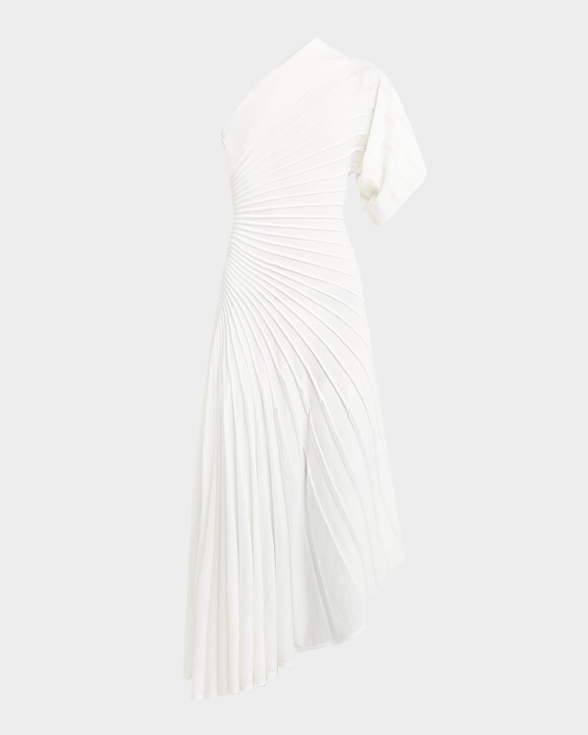 asymmetric ray ribbed one-shoulder midi dress
