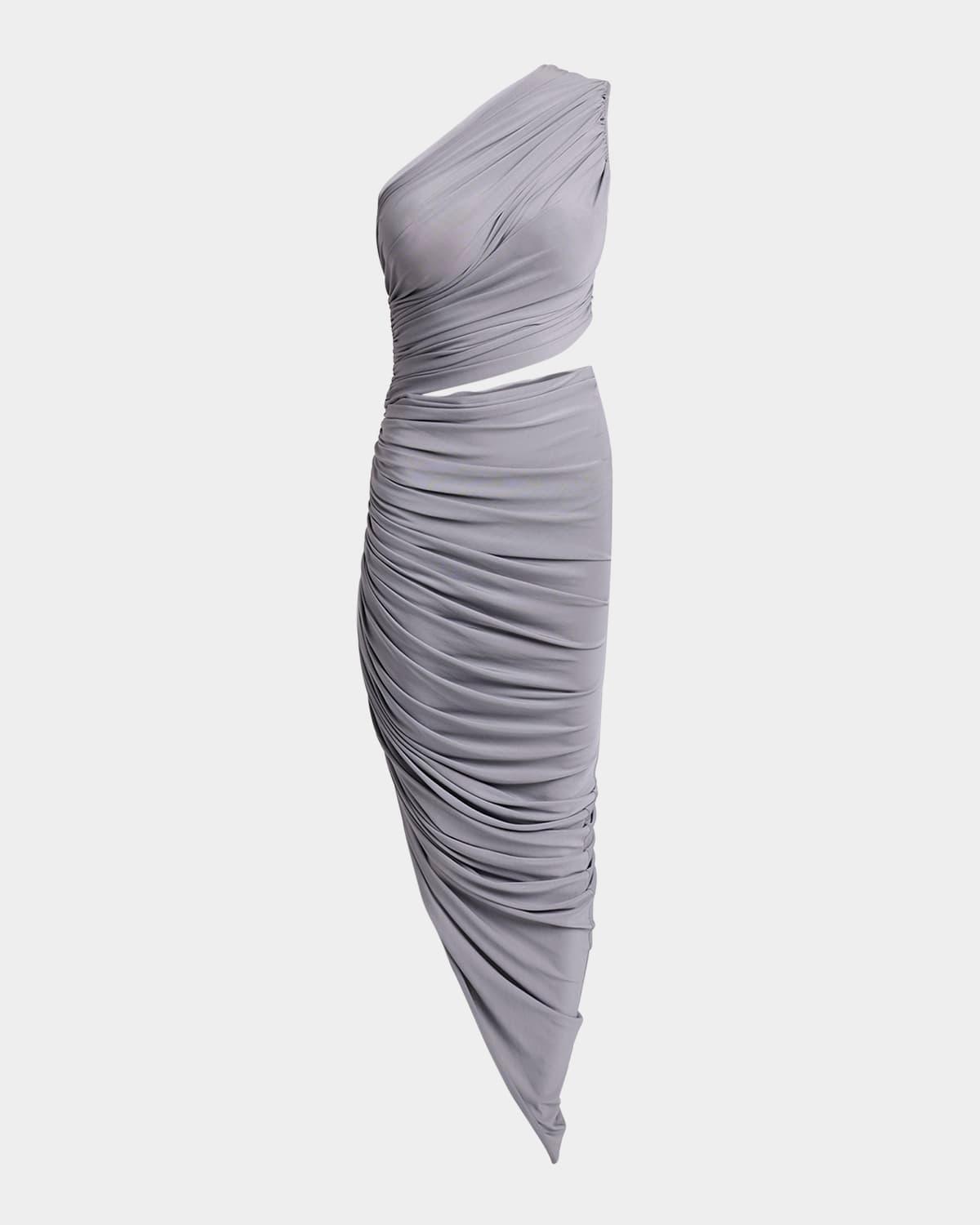 asymmetric ruched cutout midi dress