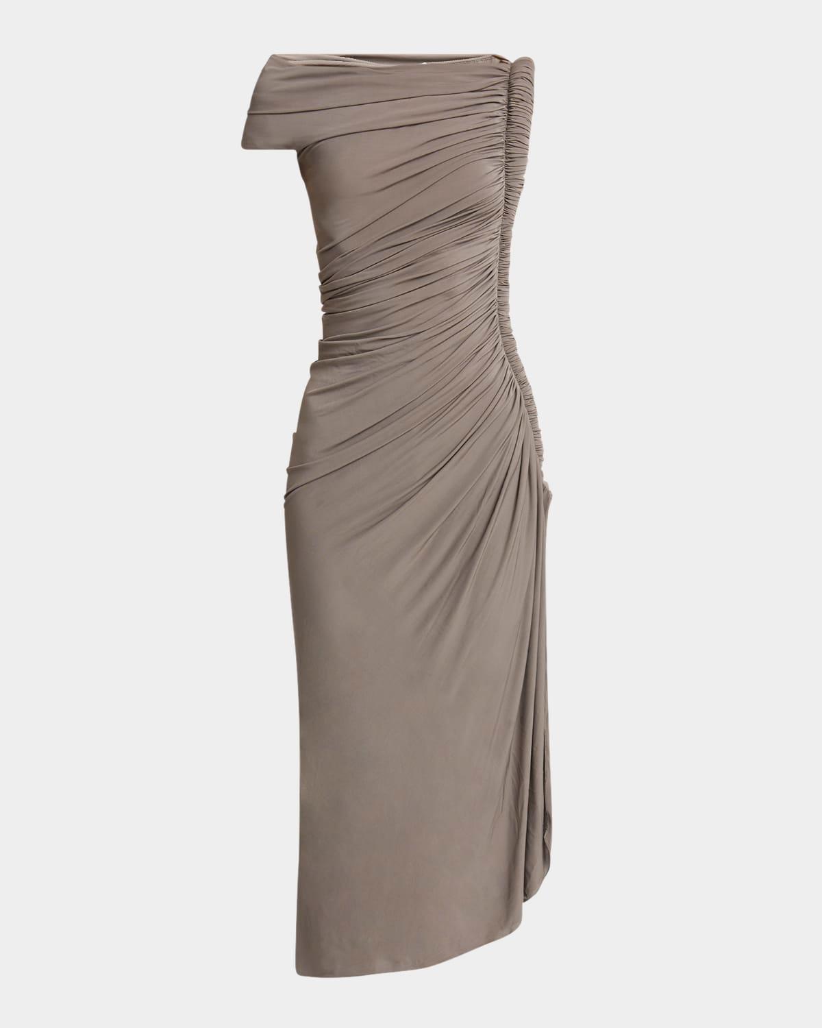 asymmetric ruched off-shoulder midi dress