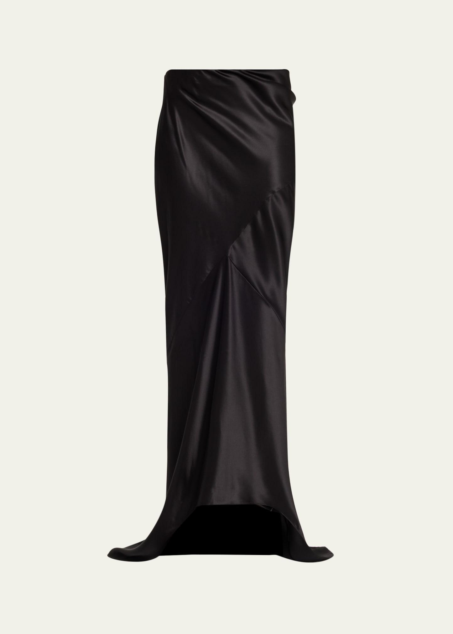 asymmetric satin maxi skirt with train