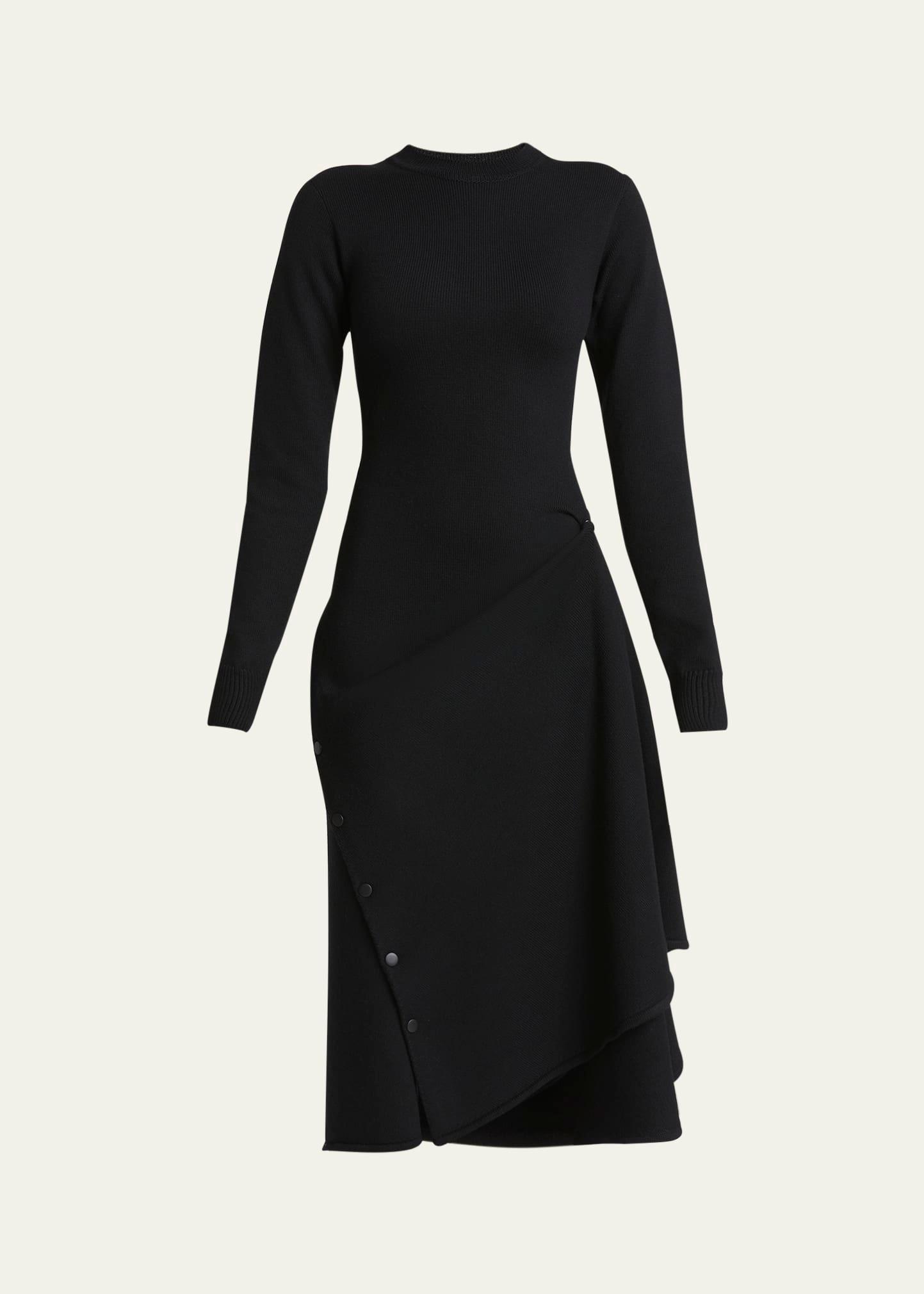 asymmetric side snap slit midi dress