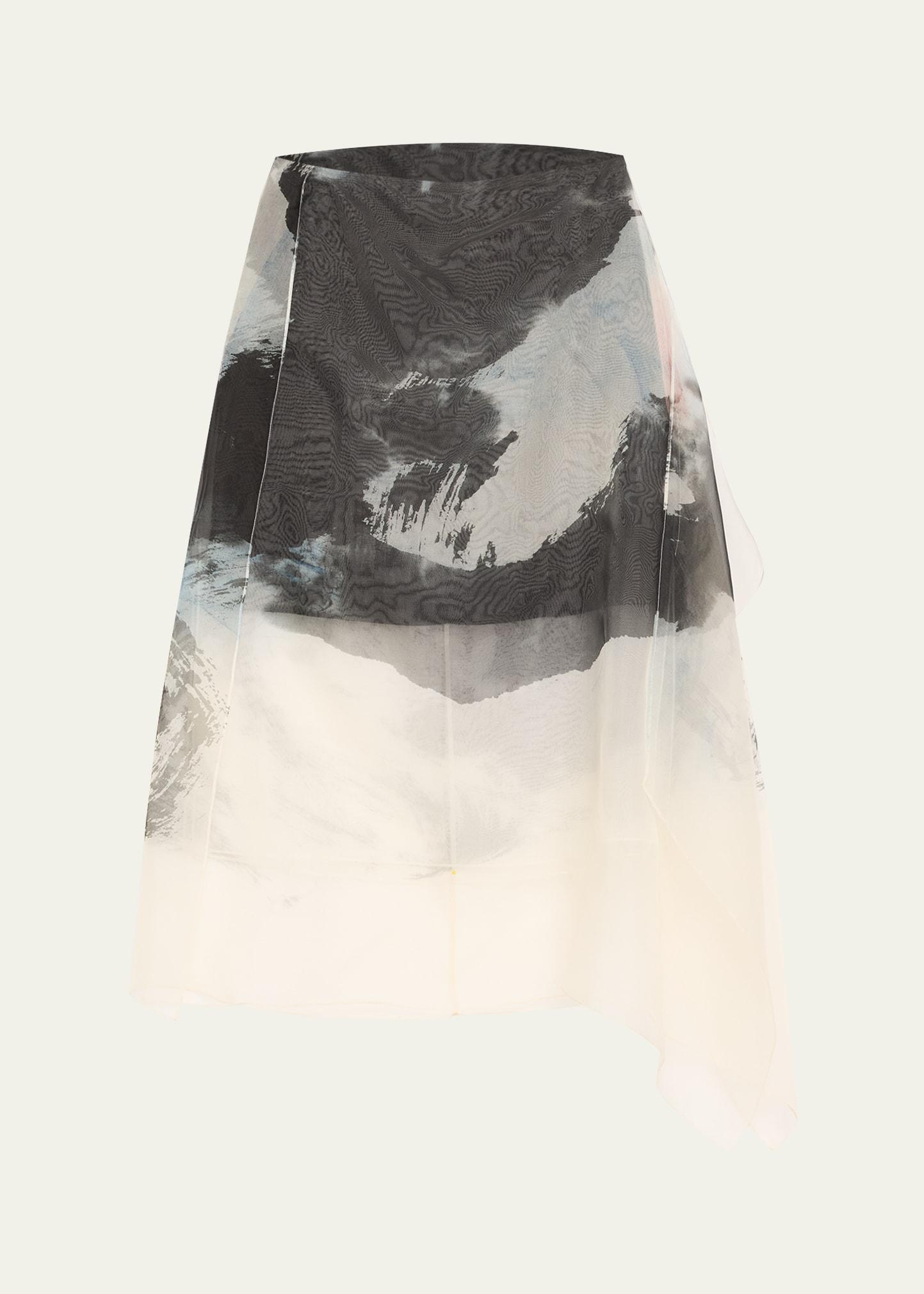 asymmetric silk organza midi skirt with artwork by tong
