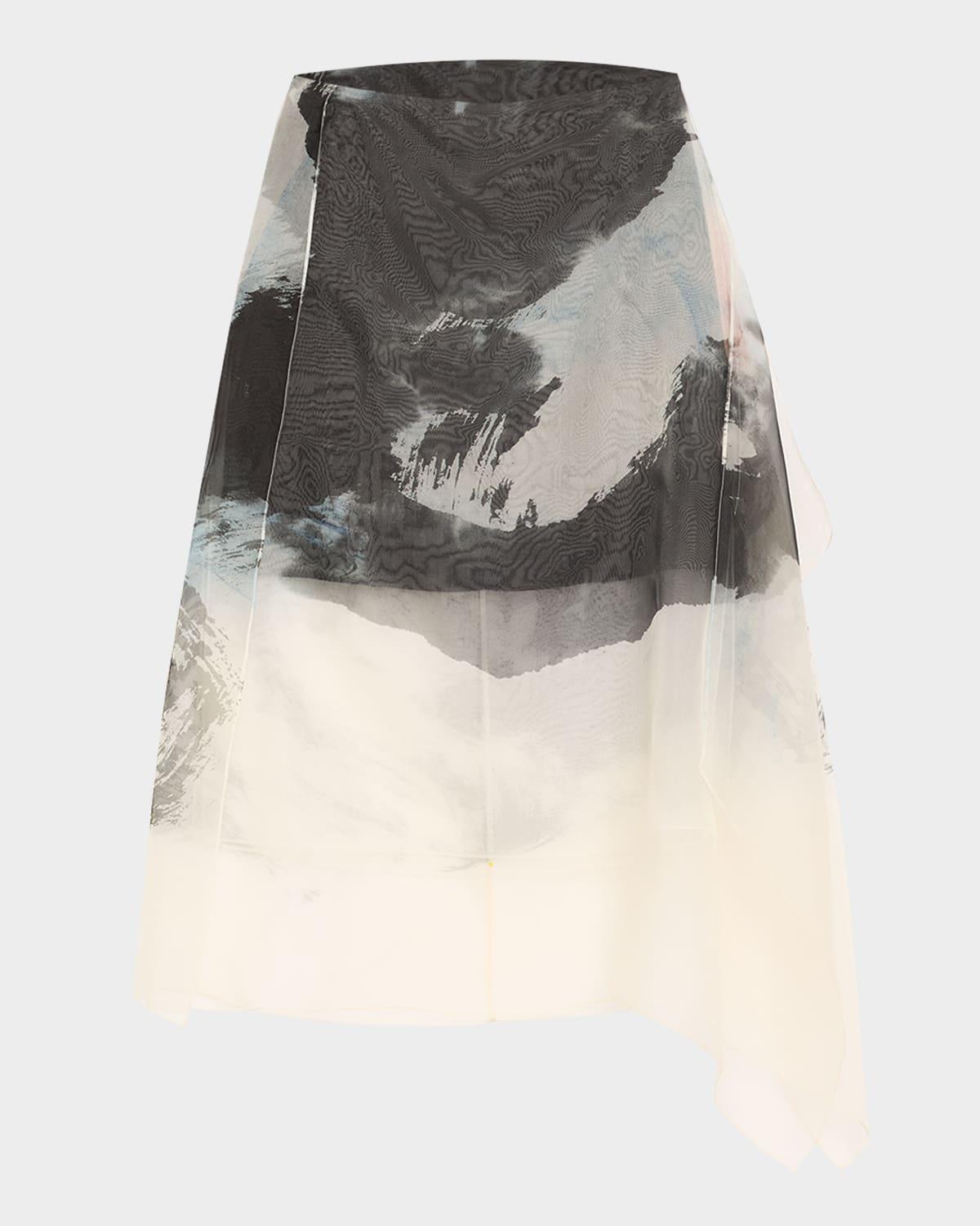 asymmetric silk organza midi skirt with artwork by tong