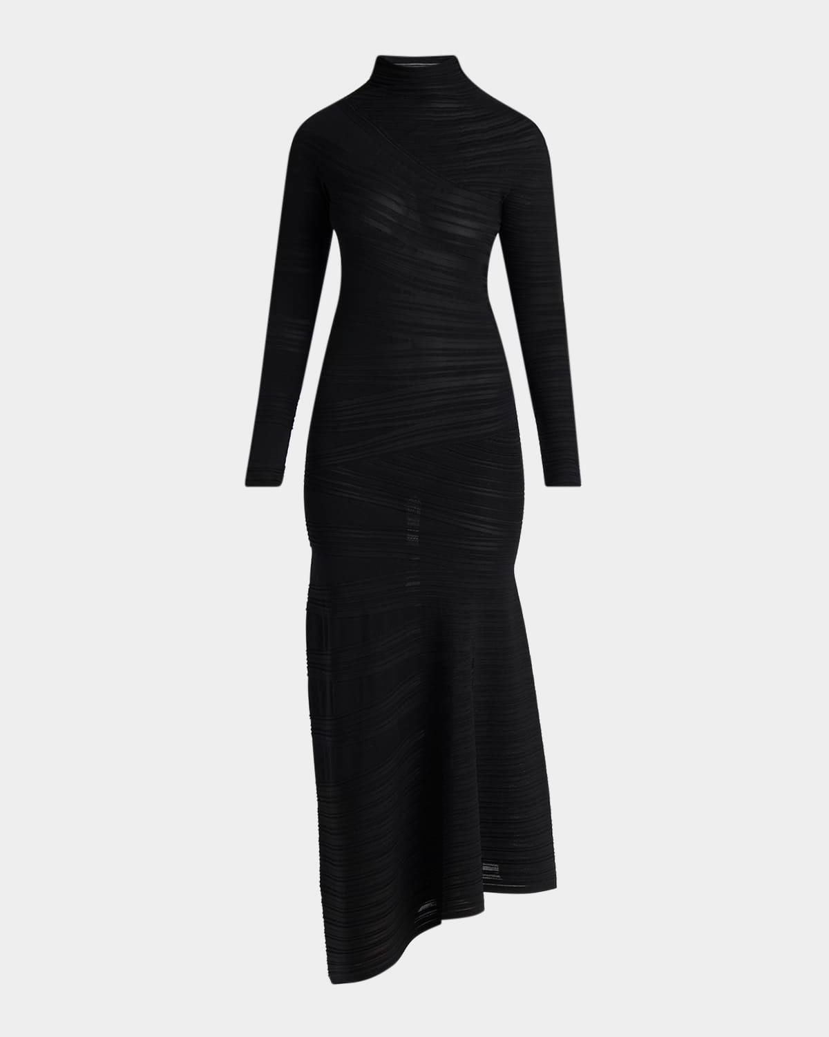 asymmetric tonal striped jersey mock-neck midi dress
