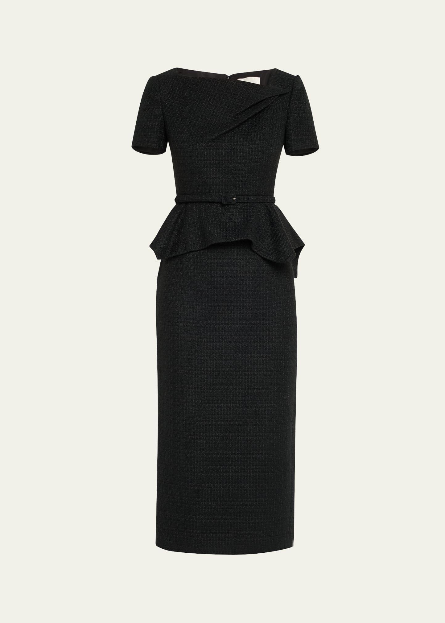 asymmetric twist boucle belted peplum midi dress