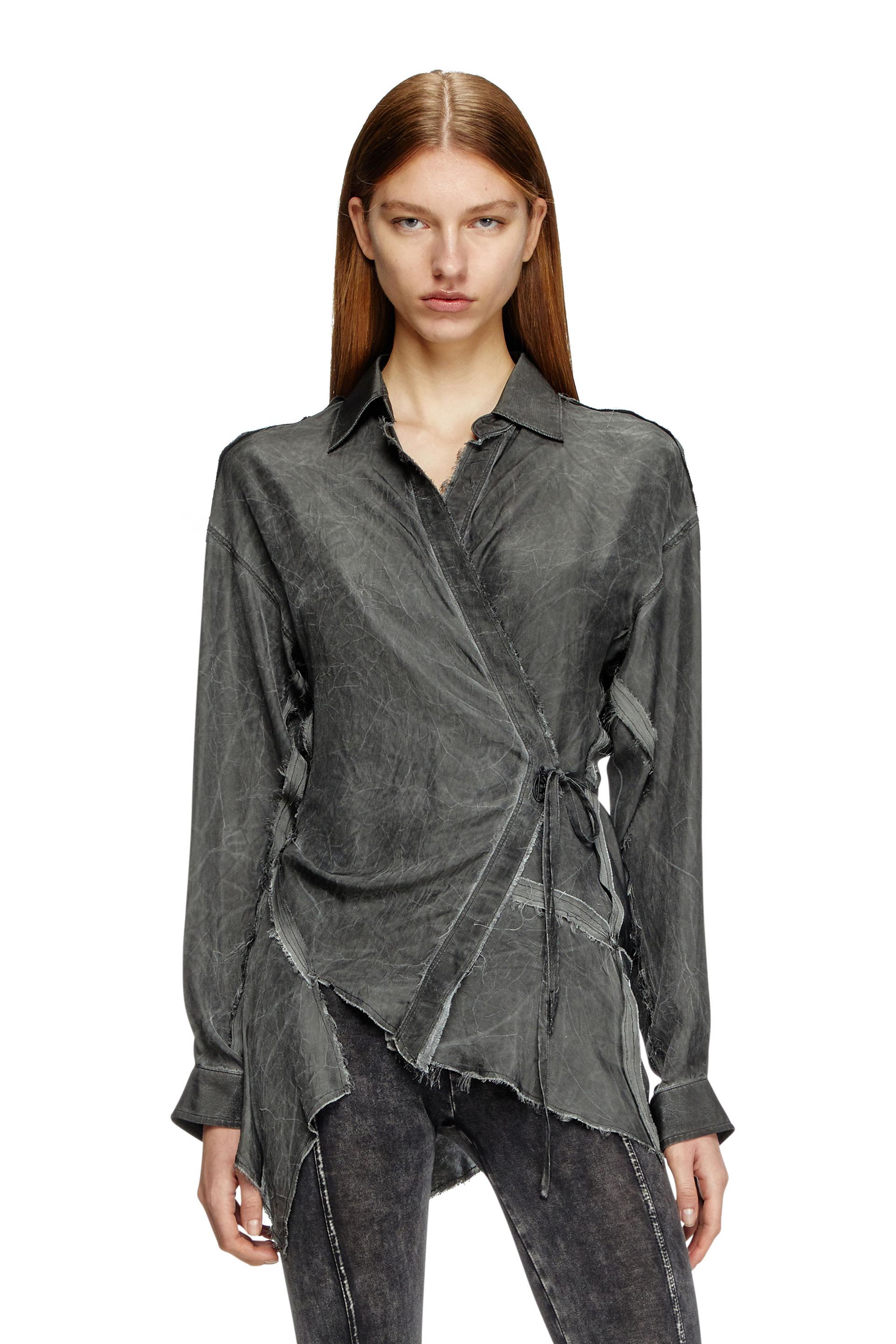 asymmetric wrap shirt in wrinkled twill