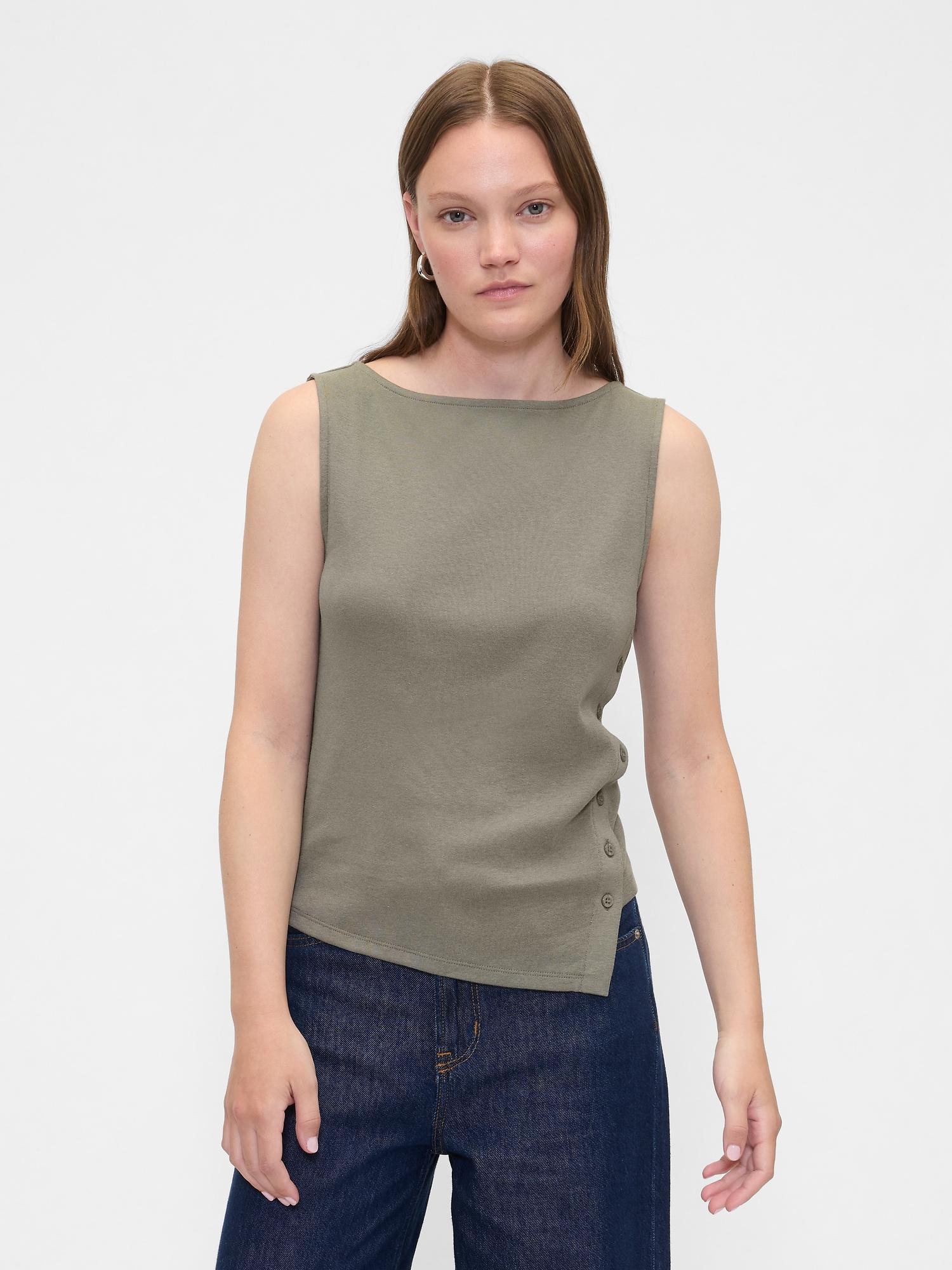 asymmetrical boatneck button top