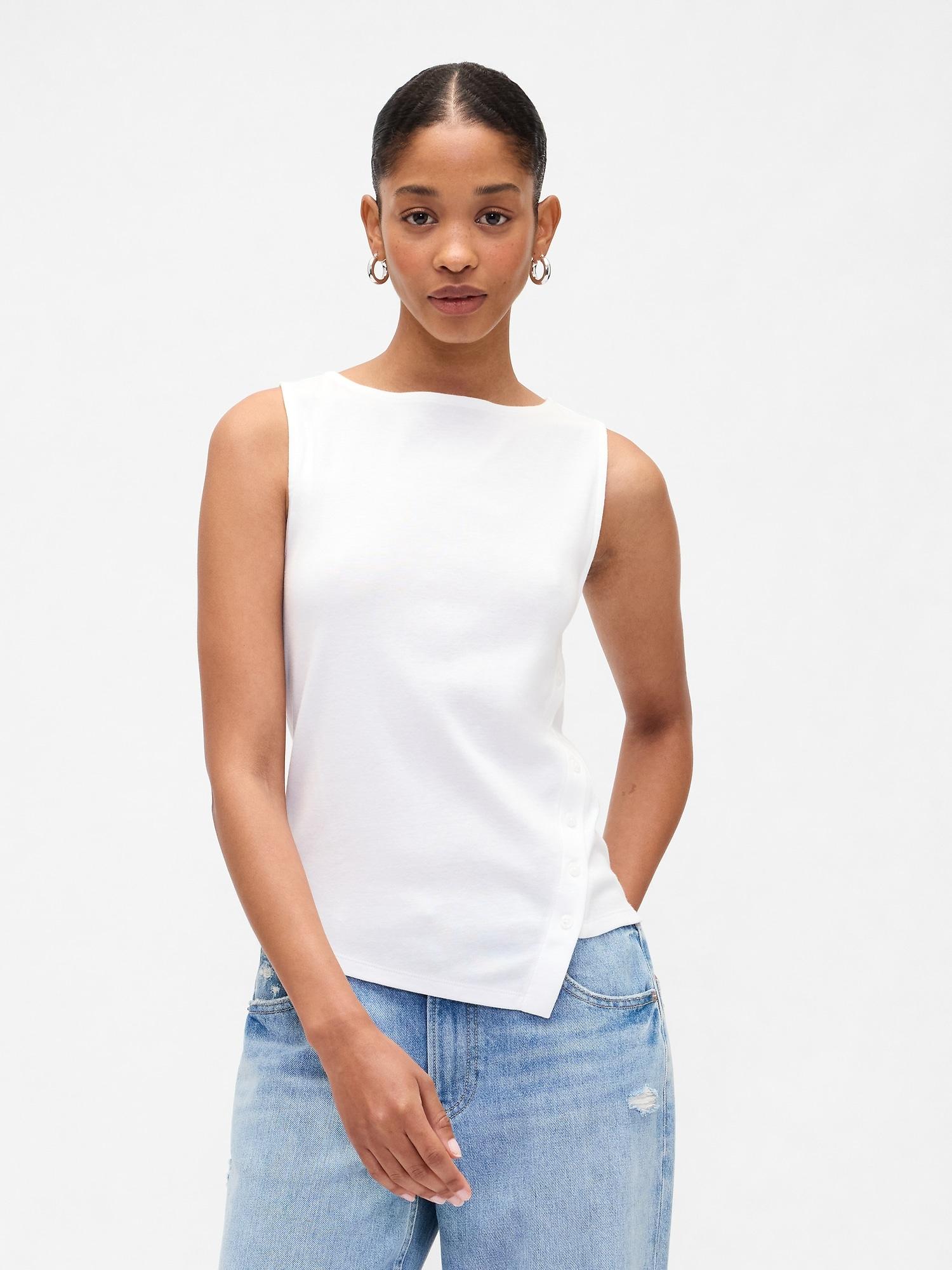 asymmetrical boatneck button top