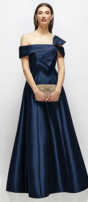 asymmetrical bow off-shoulder satin gown with ballroom skirt