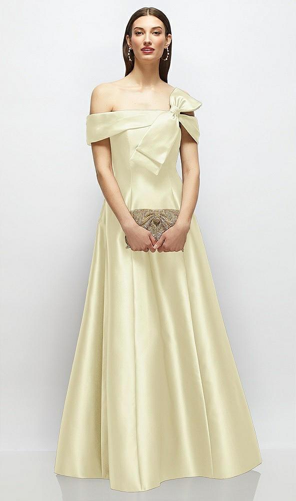 asymmetrical bow off-shoulder satin gown with ballroom skirt