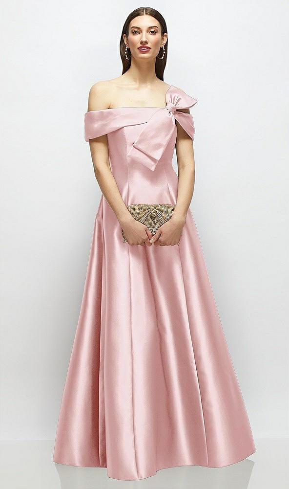 asymmetrical bow off-shoulder satin gown with ballroom skirt
