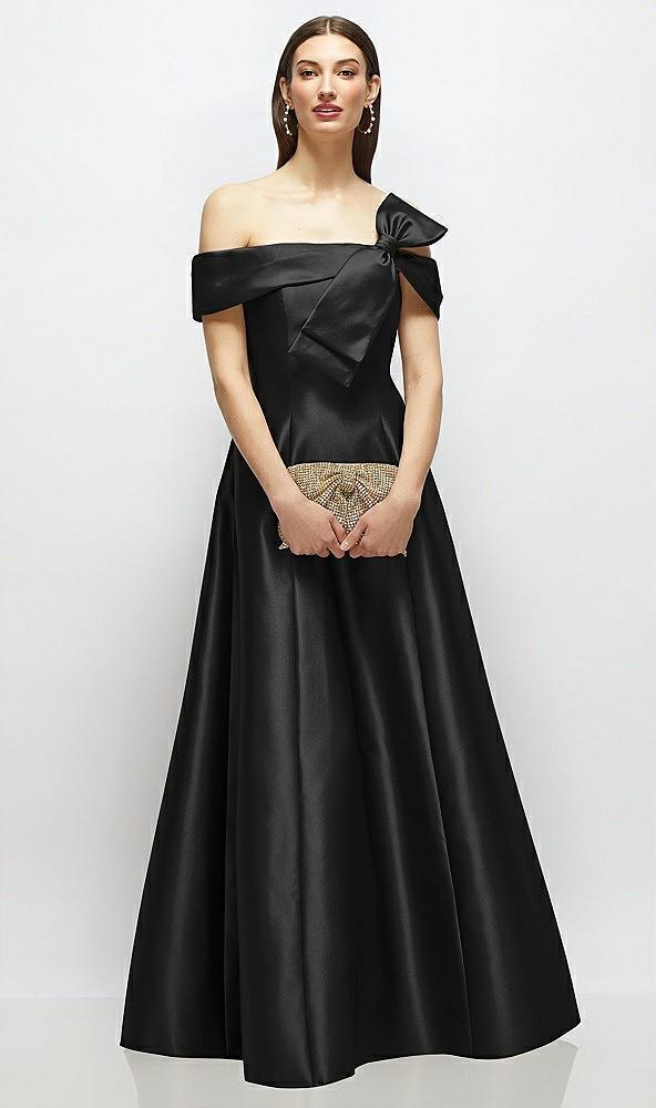 asymmetrical bow off-shoulder satin gown with ballroom skirt